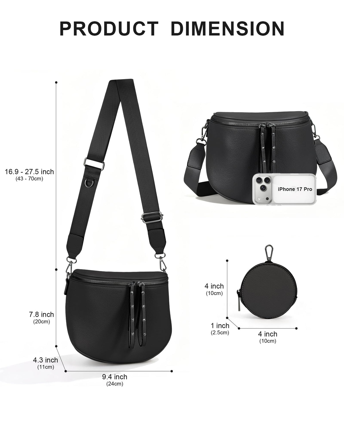 CHERUBEL Crossbody Bags for Women, Large Vegan Leather Trendy Bum Bag (Black)