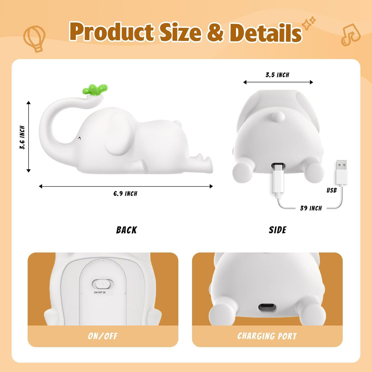 MAGOHMT Silicone Elephant Night Light for Kids - 3-Level Dimmable & Rechargeable LED Lamp, Touch Control Soft Animal Light for Nursery, Baby Room Decor