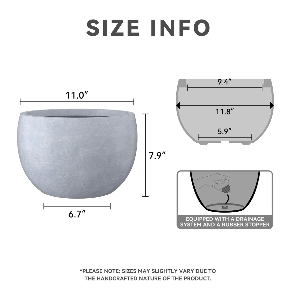 Kante 11.8" Dia Round Concrete Planter, Outdoor/Indoor Large Bowl Plant Pots with Drainage Hole and Rubber Plug for Garden Patio Balcony Home, Gray