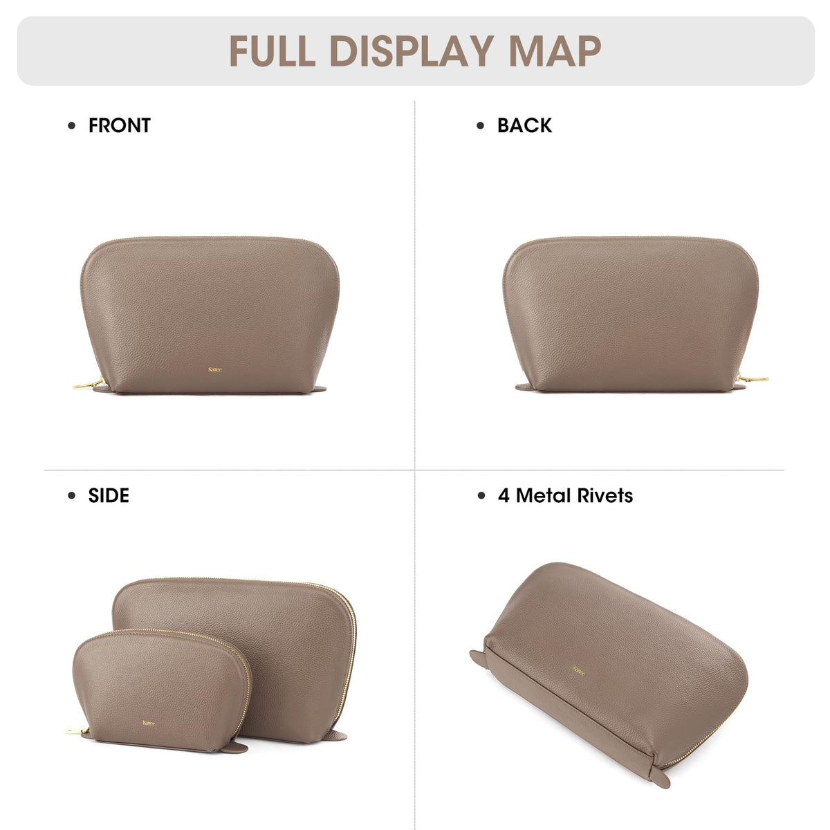Kattee Leather Makeup Bag, Travel Cosmetic Bag Set, Toiletry Bag Organizer for Women, 1-PACK, Medium, Khaki