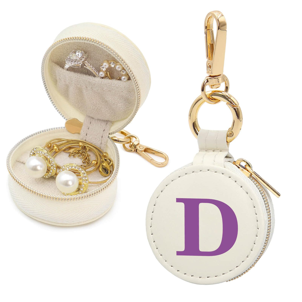 Mini Initial Travel Jewelry Case Ring Holder, Beige Faux Leather Small Jewelry Organizer Box Gifts for Women Girls Nurse Teacher, Gym Travel Accessories Keychain Pouch for Earrings Rings Necklace D
