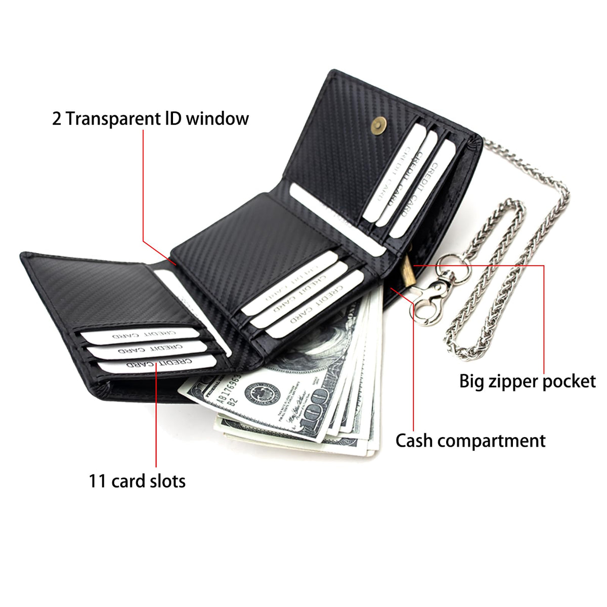 boshiho Real Leather RFID Blocking Bifold Wallets for Men Double Zipper Coin Pocket Purse with Anti-Theft Chain (#01 black)