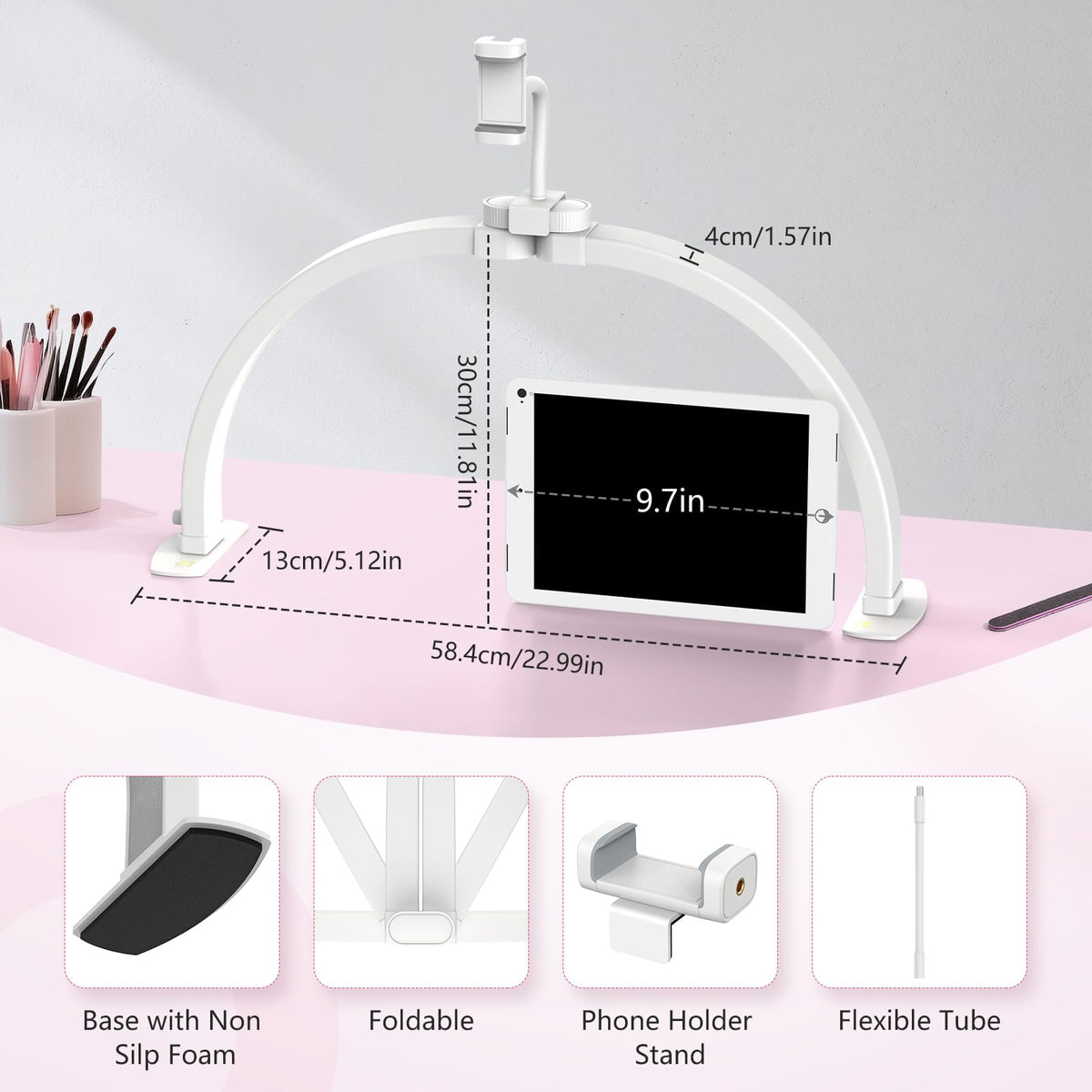Yokilly Half Moon Nail Desk Lamp with Phone Holder, 23in, Aluminum, 3 Color Modes, 10 Brightness Levels, Small, White