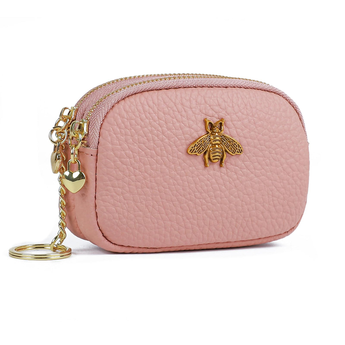 imeetu Women Leather Coin Purse, Small 2 Zippered Change Pouch Wallet(Copper Bee, Pink)