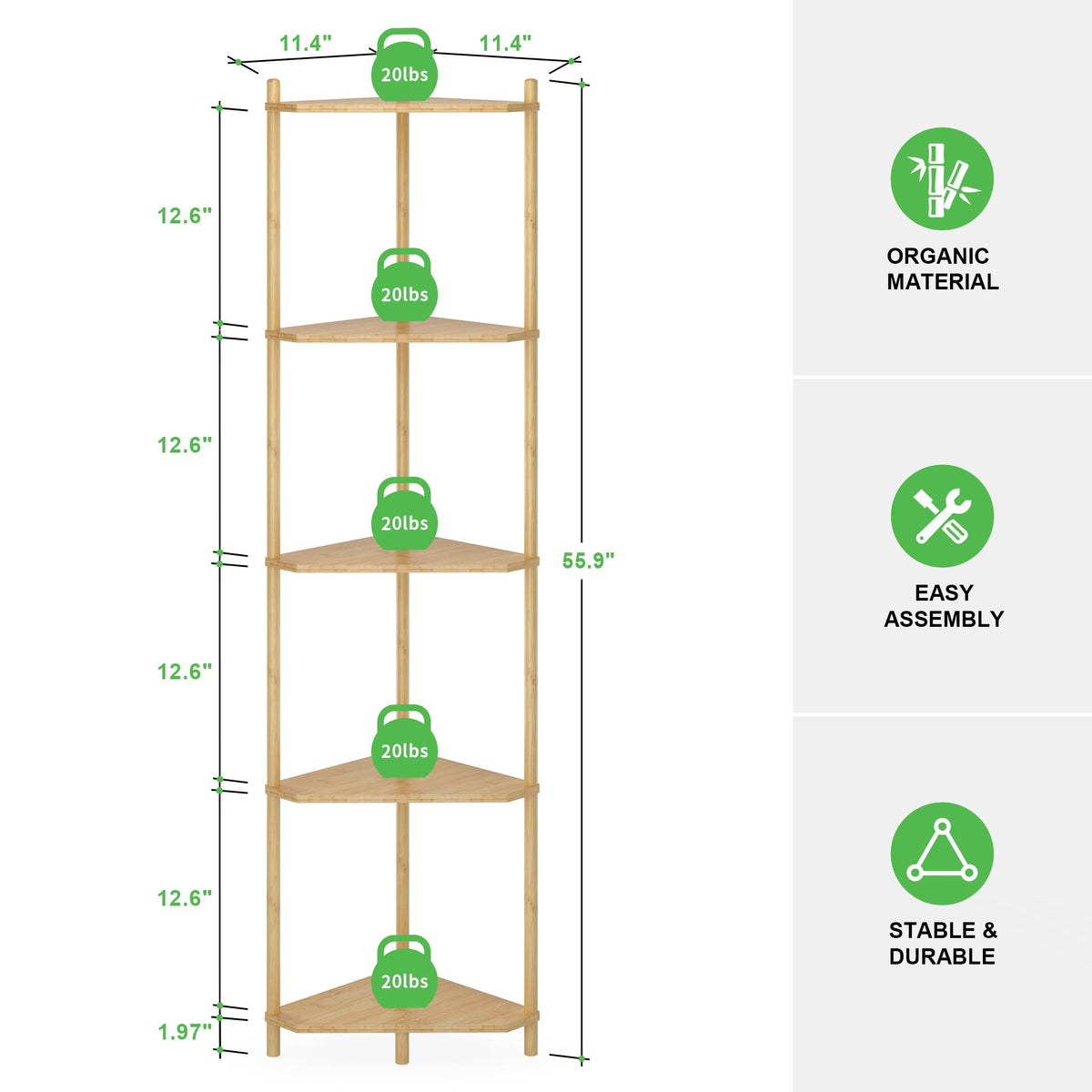 Wisuce Corner Shelf Stand - 5 Tier Natural Bamboo Small Corner Bookshelf for Office Kitchen Bedroom Plant Stand Living Room Decor Small Space