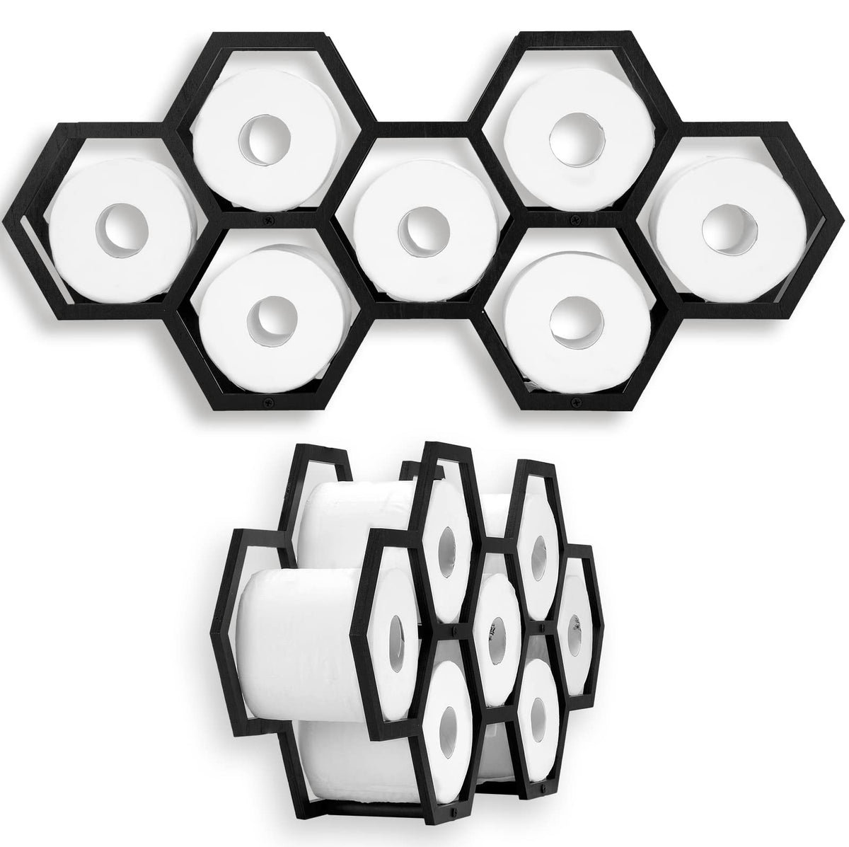 Beeveer Hold 7 Rolls Modern Floating Honeycomb Toilet Paper Holder Stand Modern Wooden Toilet Paper Storage Shelves for Tissue Honeycomb(Black)