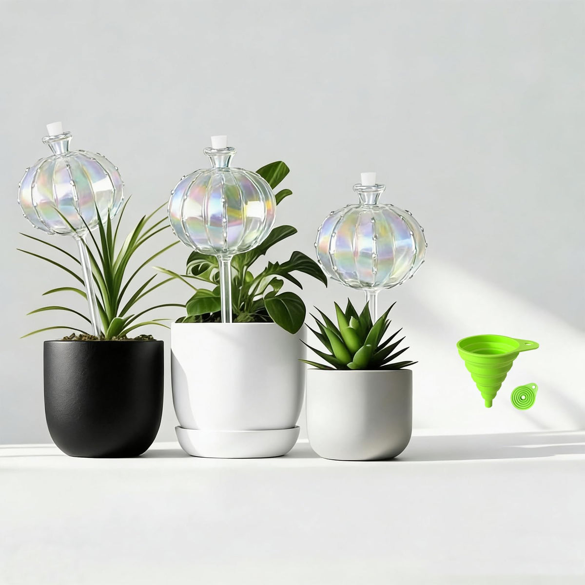 OYSIR 3 PCS Top-Fill Self Watering Globes, Automatic Plant Watering Devices, Transparent Self Watering Planter Insert, Durable Clear Glass Aqua Bulbs for Indoor, Cactus Shape, & Funnel