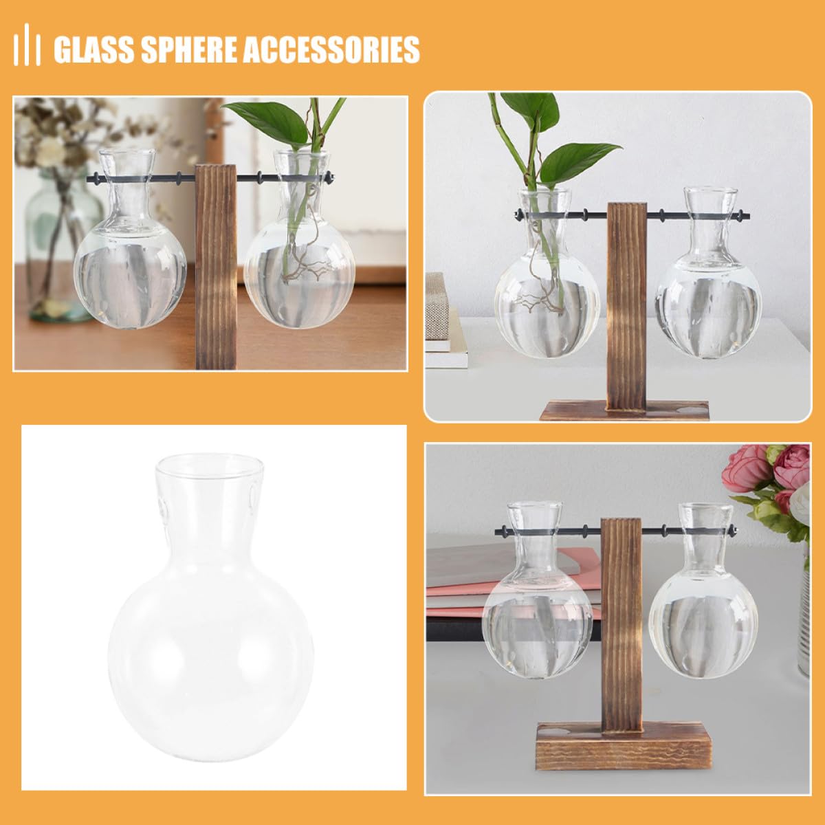 OSOLADY 3Pcs Hydroponic Glass Vase Set with Wooden Stand, High Borosilicate Glass Propagation Planter Jars for Desktop Terrarium and Plant Display