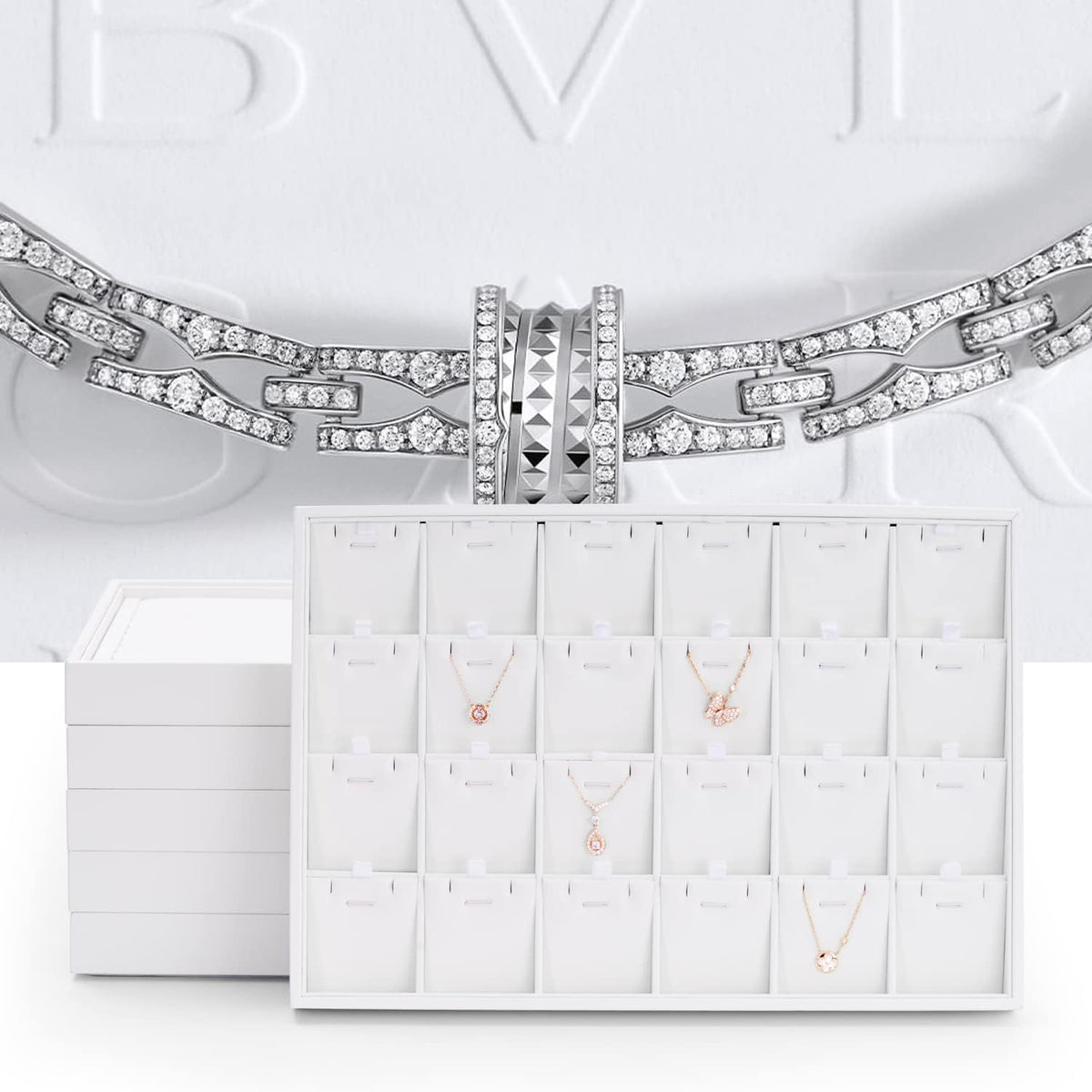 Oirlv Premium White Leather Stackable Jewelry Tray Flat Jewelry Organizer Tray for Jewelry Accessory Trade showcase