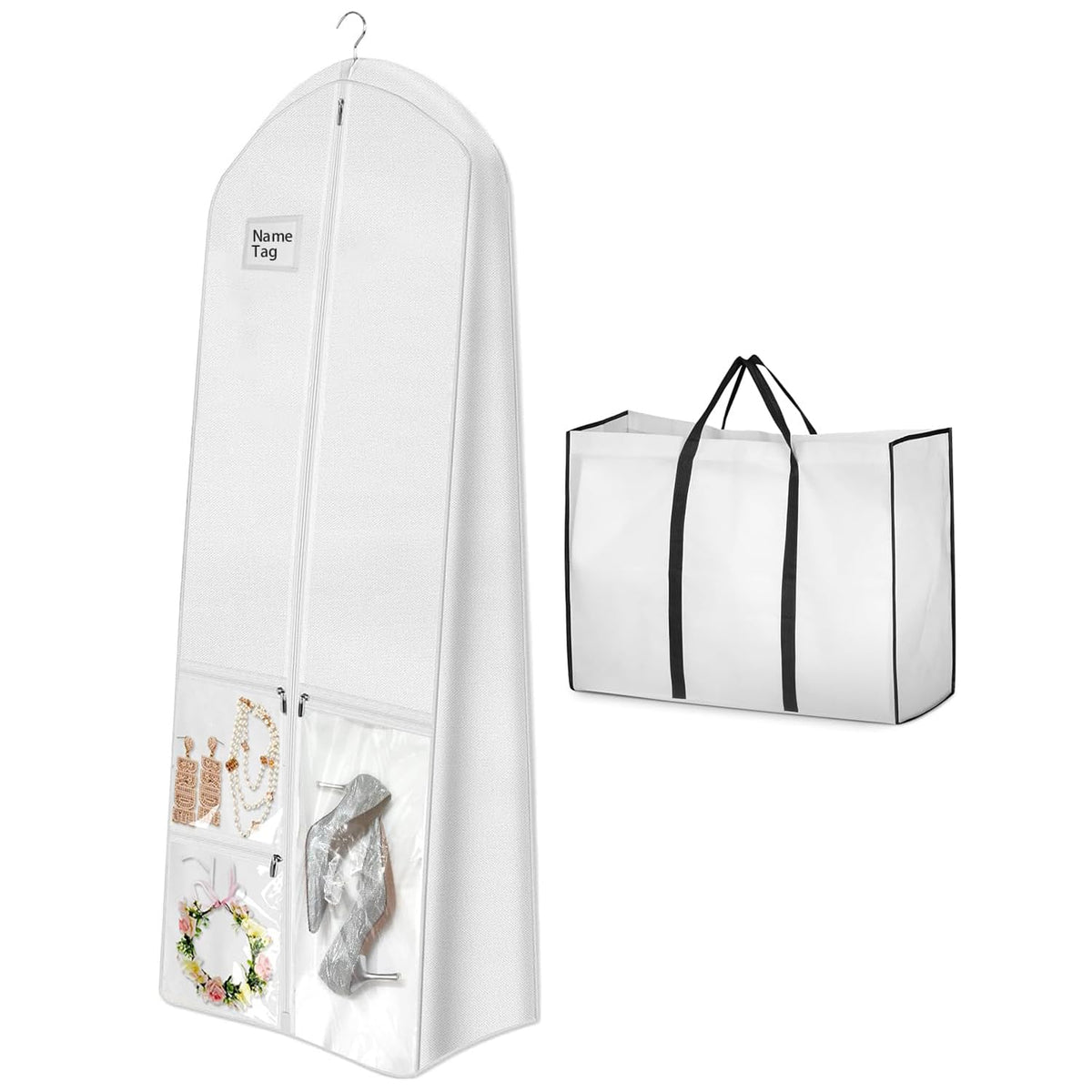 72" Wedding Dress Garment Bag with Bride Tote Bag 10'' Gusseted Dress Bags for Gowns Long 4 Pockets Dress Bag Garment Storage Cover for Women, White