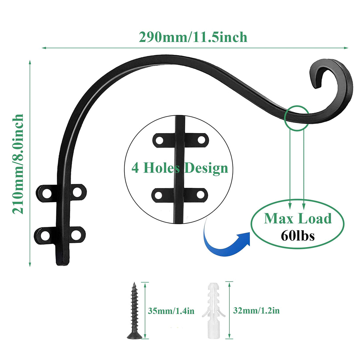 4 Pack Heavy Duty Plant Hanger Bracket, 12Inch Hanging Brackets for Plants Outdoor and Indoor, 80lbs Holding Capacity Metal Plant Wall Hooks, Black Hanging Plant Brackets for Flower Wind Bird Feeder