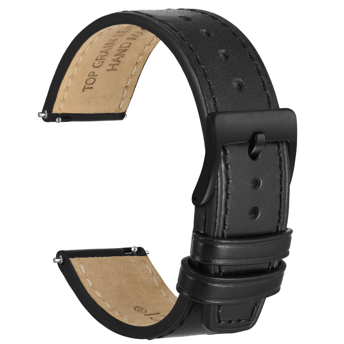 WOCCI 20mm Elite Watch Band, Top Grain Leather, Quick Release, Black Buckle (Black)