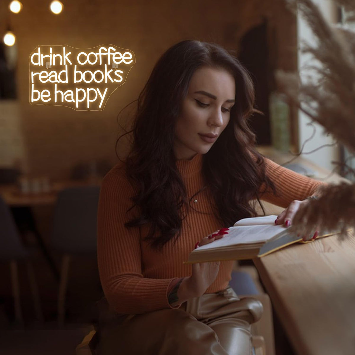 Looklight Drink Coffee Read Books Be Happy Neon Sign Warm White Read Books Led Neon Light for Wall Decor Dimmable USB Neon Light Up Signs for Classroom Coffee Shop Bookstore Library Museum Study Room