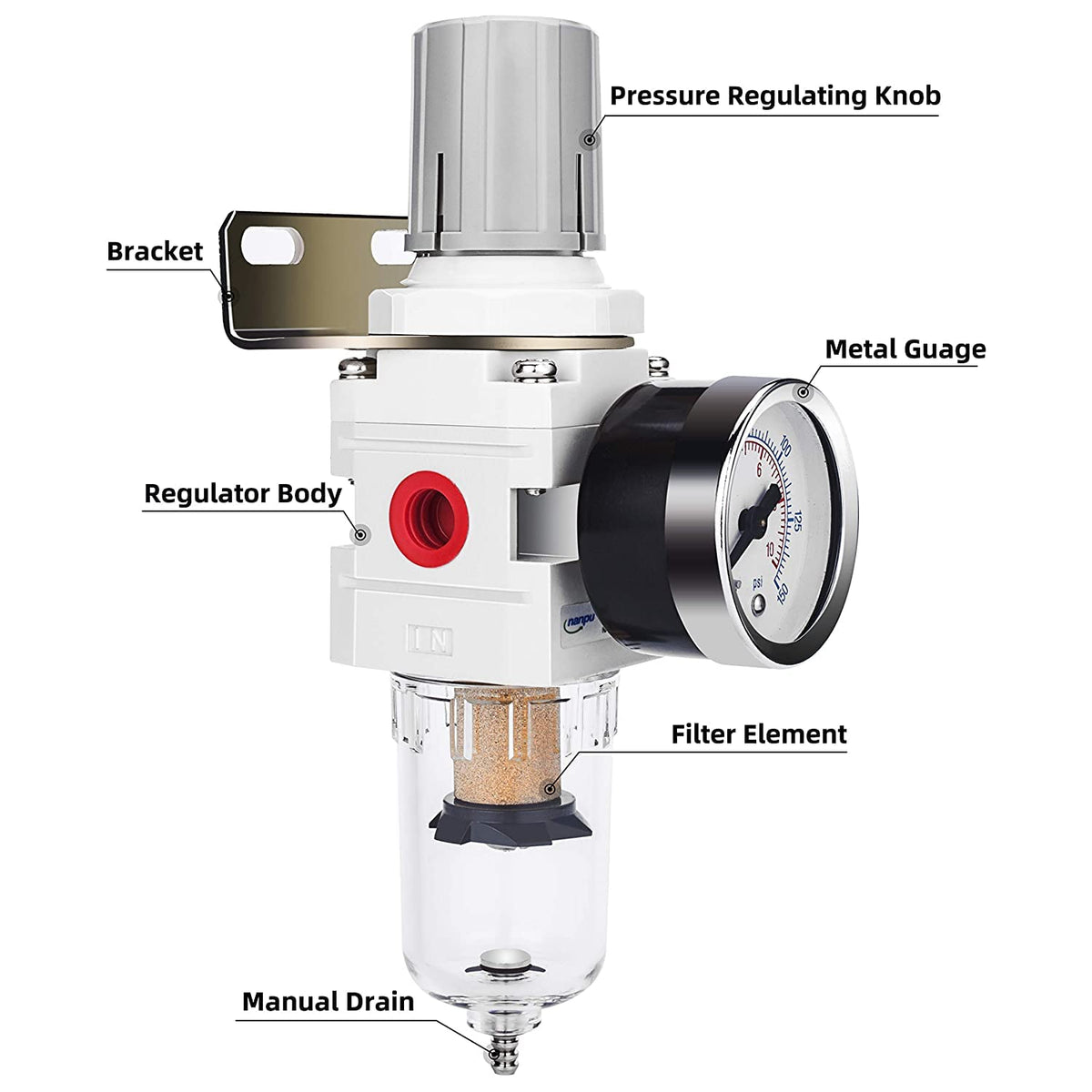 NANPU 1/4" NPT Compressed Air Filter Regulator Combo Piggyback, 5 Micron Brass Element, Poly Bowl, Semi-Auto Drain, Metal Bracket, 0-150 psi Gauge, Ball Valve