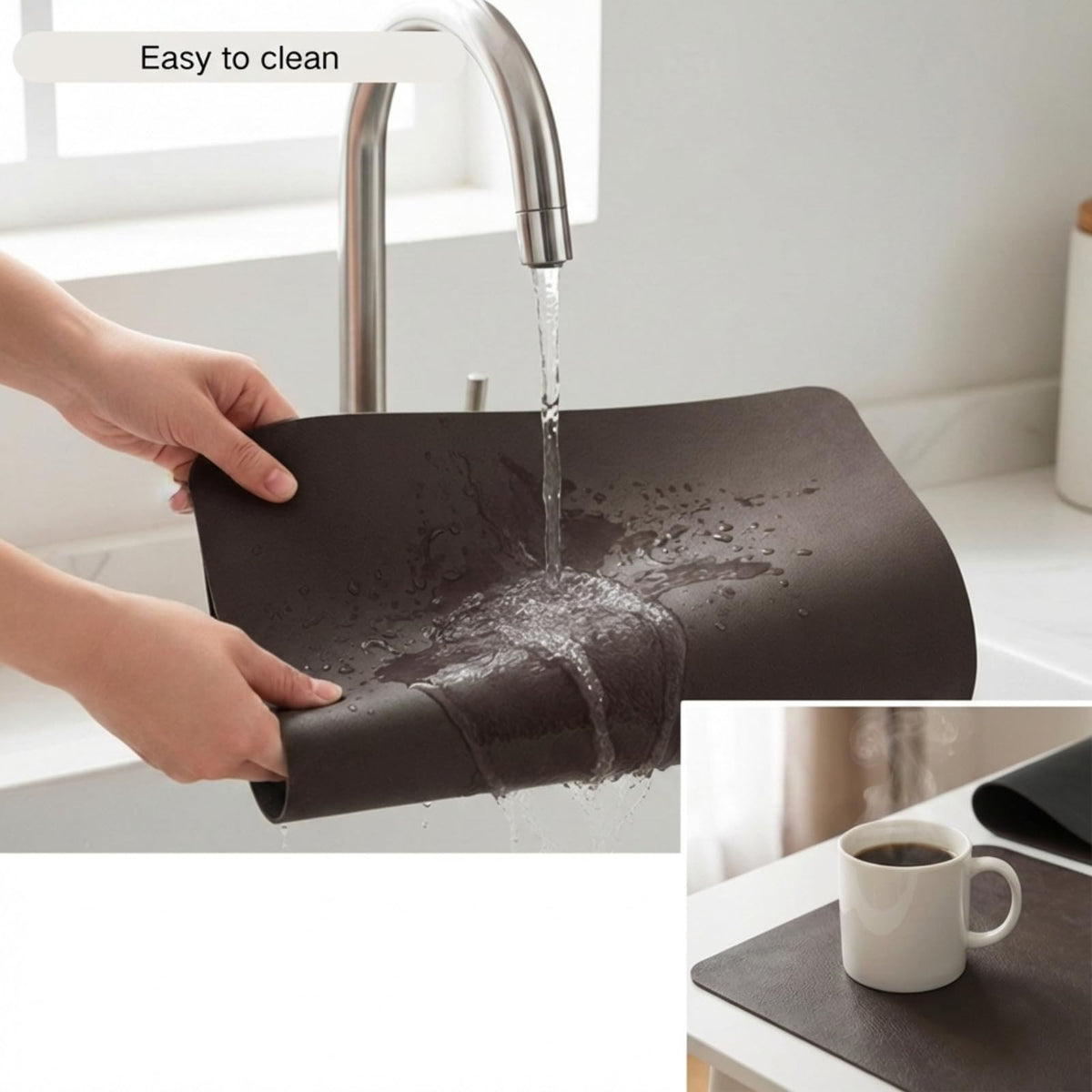 Premium Faux Leather Placemats Set of 6 – Waterproof, Heat-Resistant, Reversible & Non-Slip Table Mats for Kitchen, Dining, Indoor/Outdoor Use (Black & Dark Brown)