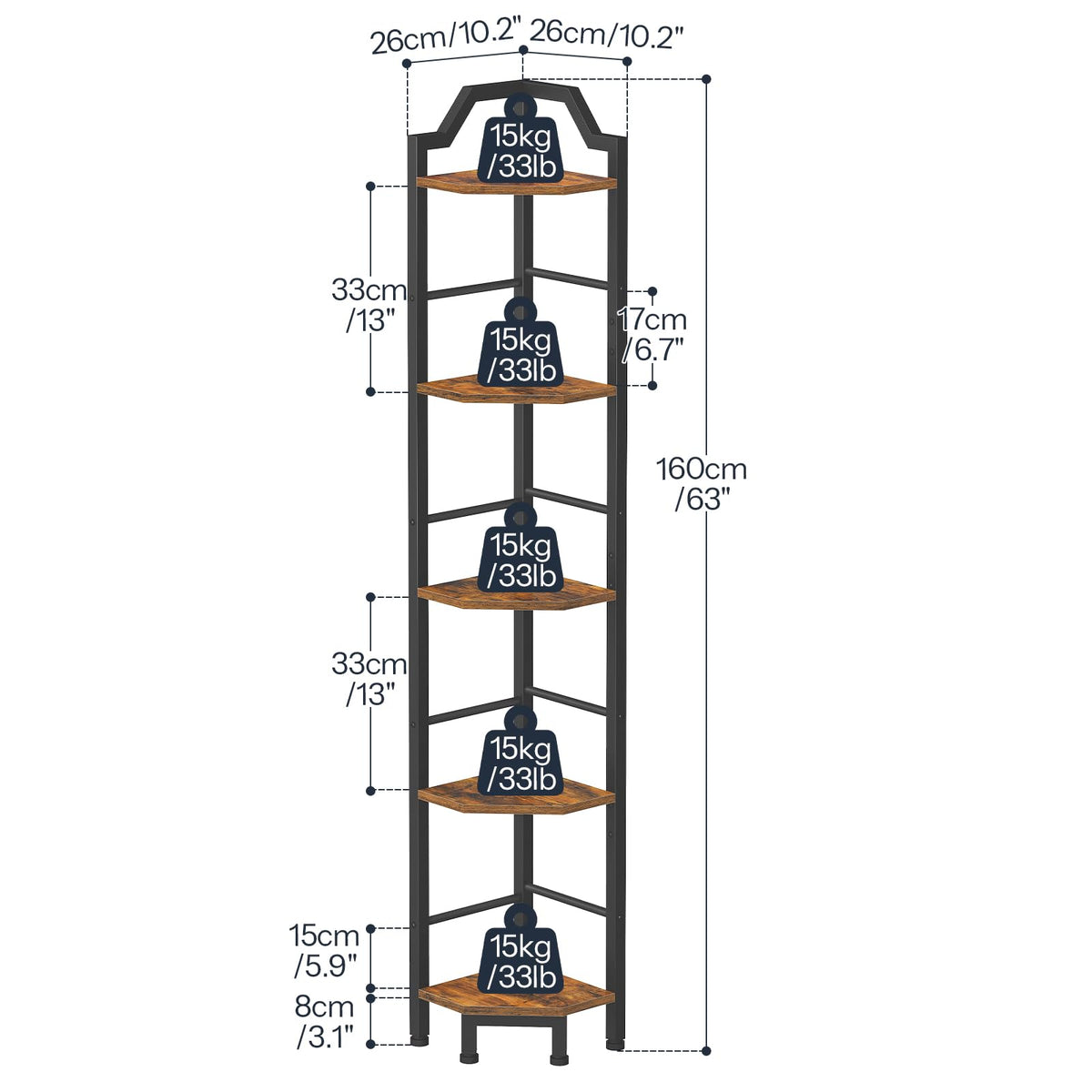 HOOBRO Narrow Corner Shelf Stand, 5-Tier Corner Shelf, 63” Tall Multipurpose Corner Bookshelf, Standing Display Shelf Plant Stand, for Living Room, Study, Kitchen, Rustic Brown and Black BF100CJ01