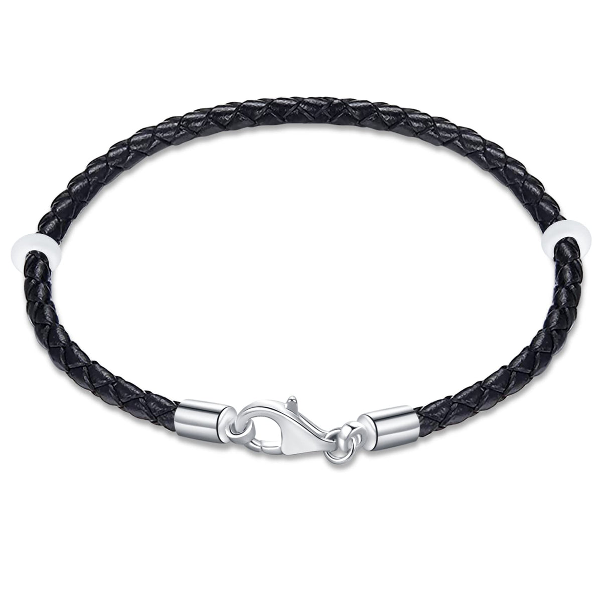 19cm Black Braided Leather Rope Bracelet with 925 Silver Lobster Claw Clasp, Handmade Woven Leather Bracelet fit Pandora Charms Beads, for Valentines Day Making Beads Bracelet Bangle