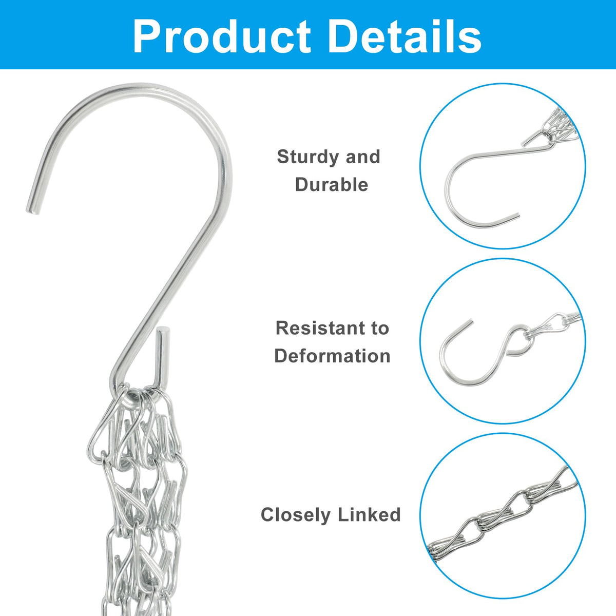 Zorfeter 3 Pack Silver Hanging Chains, Replacement Hooks Flower Pot Chains Plant Hangers, 23 Inch Hangers for Planters/Bird Feeders and Lanterns