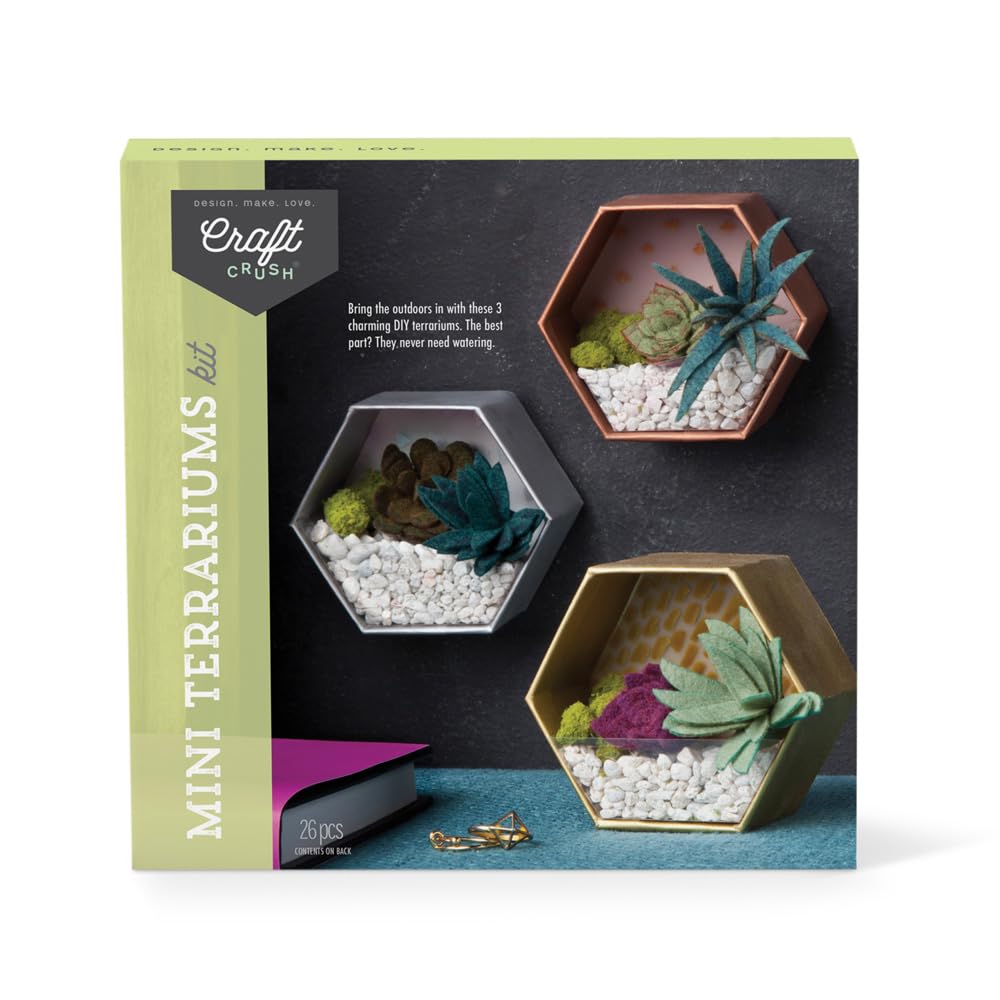 Craft Crush — Mini Plants Terrariums Easy Fun Arts and Craft Kit — Make 3 Charming Faux Terrariums! — For Ages 13 and Up