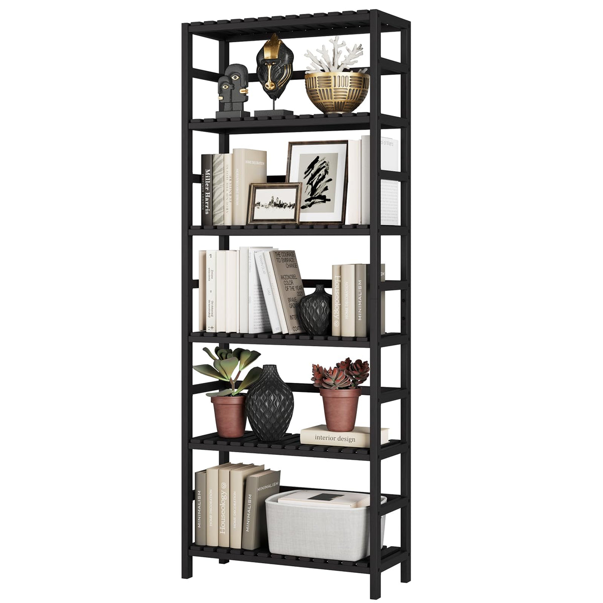 Bamjoy Bamboo Shelf, 6-Tier Bookshelf Adjustable Storage Shelves, Tall Shelving Unit Plant Stand, Storage Rack for Bathroom Home Office Living Room Kitchen, 23.6W x 10.2D x 63.4H Black
