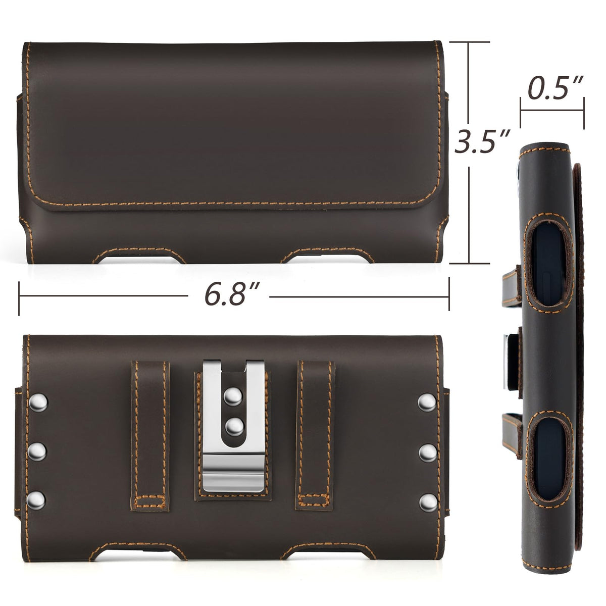 BECPLT Genuine Leather Phone Holster with Belt Clip for iPhone 17 Pro Max 16 Pro Max 15 Pro Max 15 Plus 14/13/12 Pro Max Galaxy S25+ S24+ S23+ S22+ S21+ S24 FE Cell Phone Pouch Belt Holder -Dark Brown