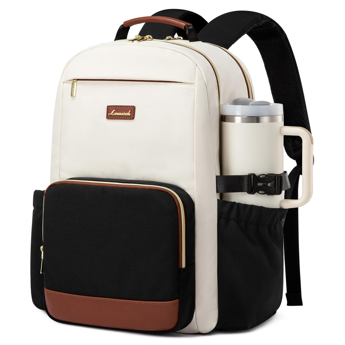 LOVEVOOK Laptop Backpack for Women with Pouch Pocket for Large Capacity Cup,15.6 Inch Laptop Computer Bag Travel Backpack Purse,Waterproof Work Business Backpack College Teacher Bags,Beige-Black-Brown