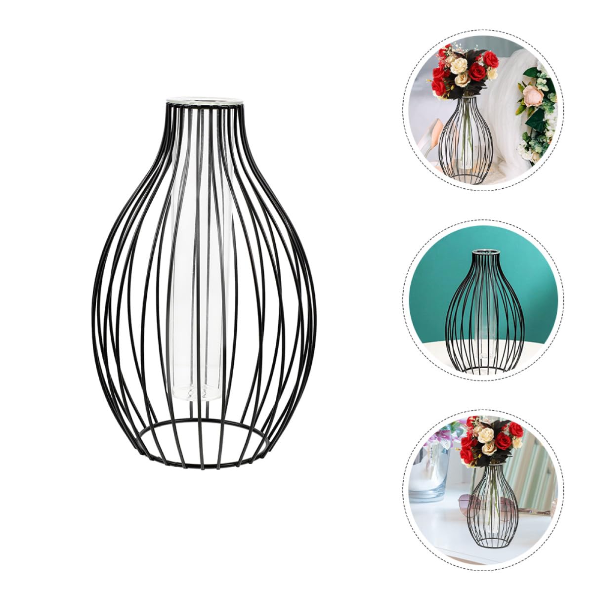 Veemoon Geometric Glass Tube Vase with Black Iron Art Frame, Small Hydroponic Plant Holder for Home Décor, Propagation Tubes Terrarium Display