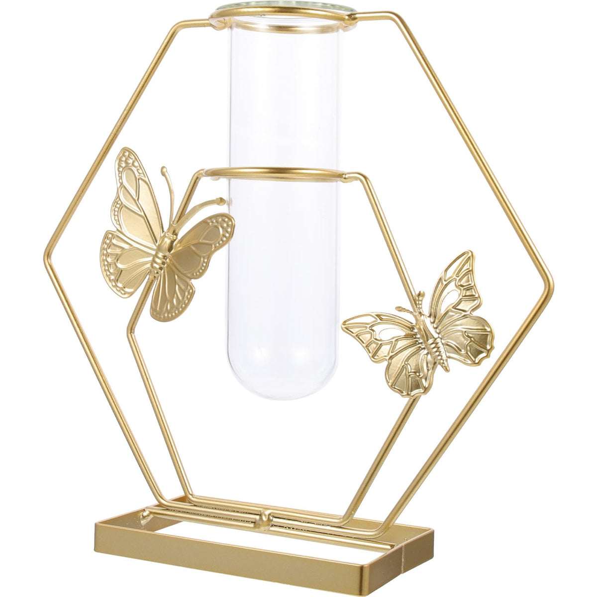 JOINPAYA Hydroponic Glass Flower Vase with Metal Hexagonal Frame, Butterfly Pattern Decorative Desktop Terrarium, Delicate Plant Holder for Home and Office Décor