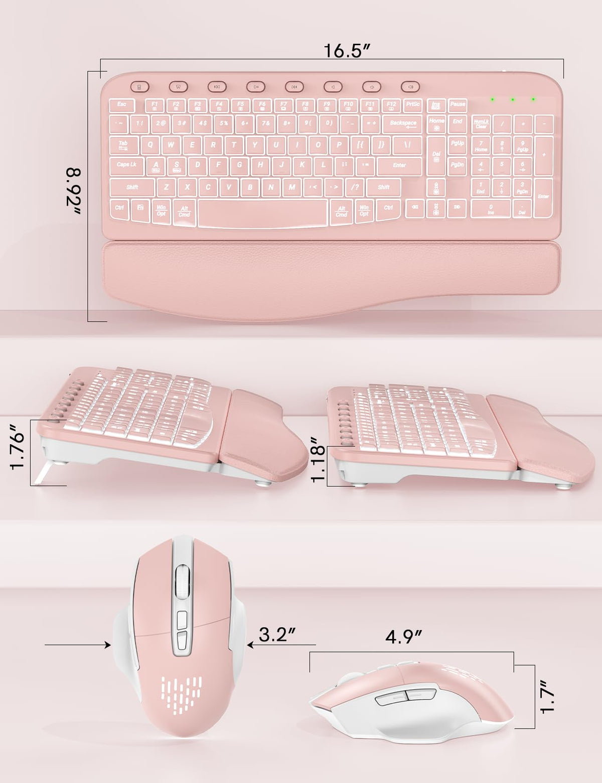 SABLUTE Wireless Keyboard and Mouse Combo Ergonomic - MA12Pro Wave Keyboard with Leather Wrist Rest for Comfortable Typing, RGB Backlit Rechargeable for Windows, Mac, PC, Laptop (Pink)