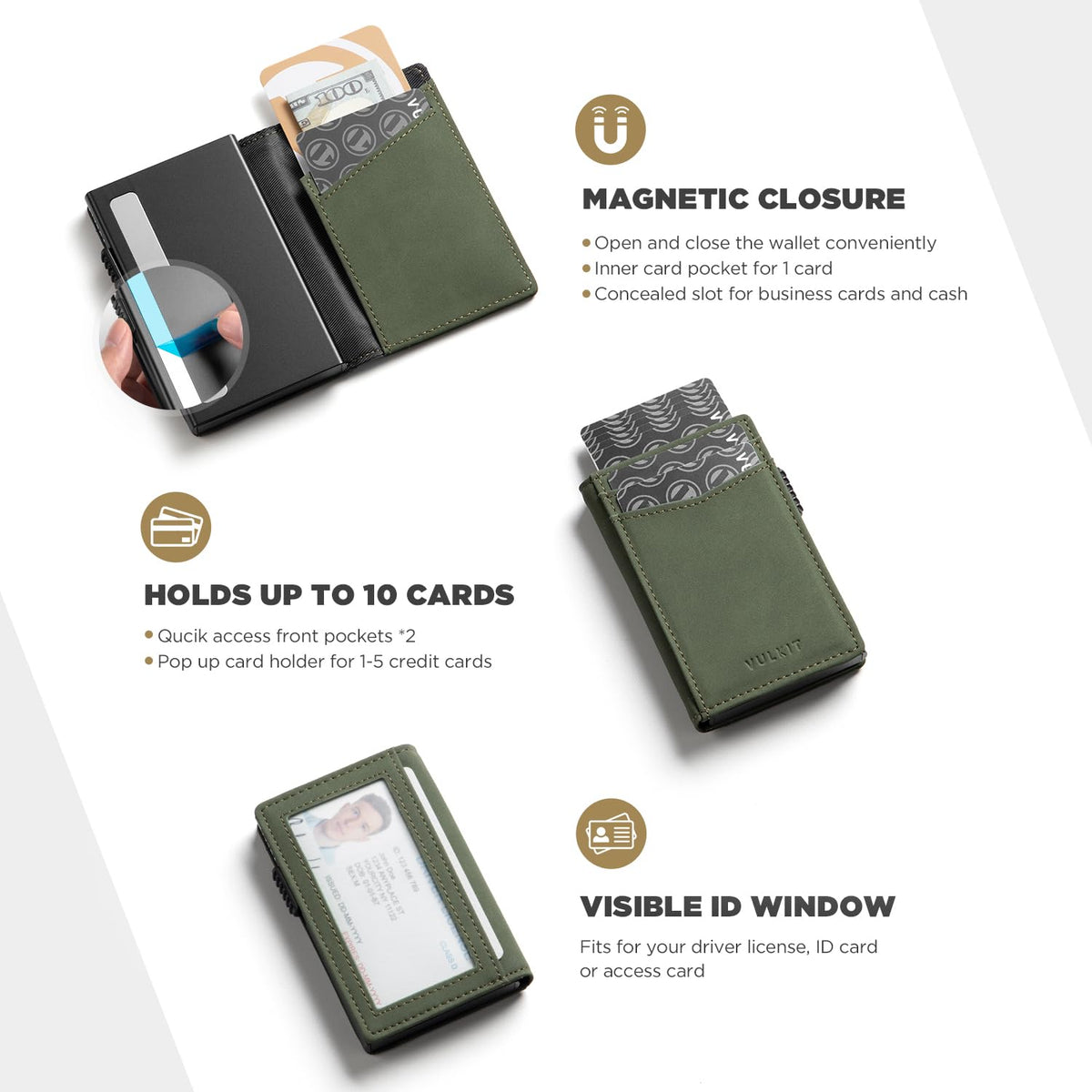 VULKIT Men's Wallet with ID Window Premium Leather Wallets RFID Blocking Minimalist Wallet Pop Up Card Holder Magnetic Closure