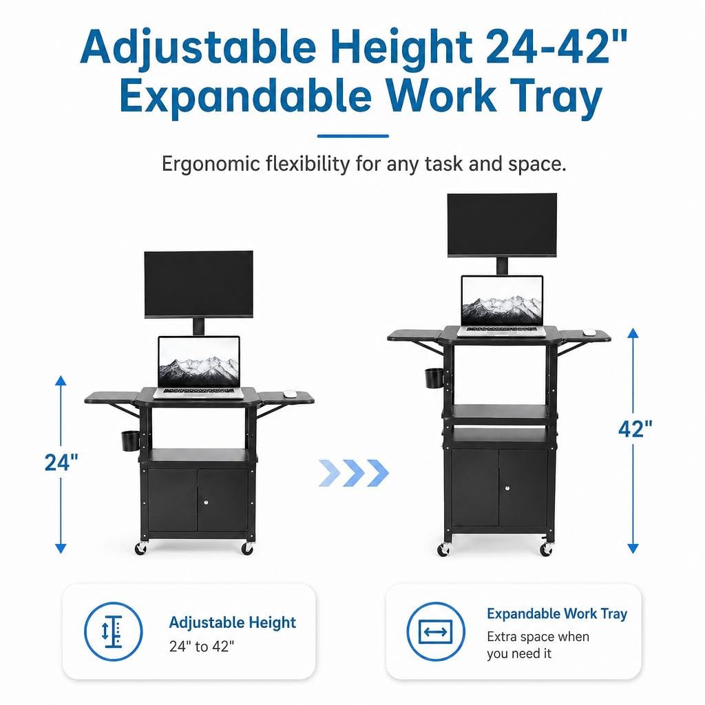 Portable AV Cart with Locking Storage Cabinet, Adjustable Laptop Stand & Drop Leaves, Rolling Workstation with Power Outlets for Classroom, Office, or Home Use