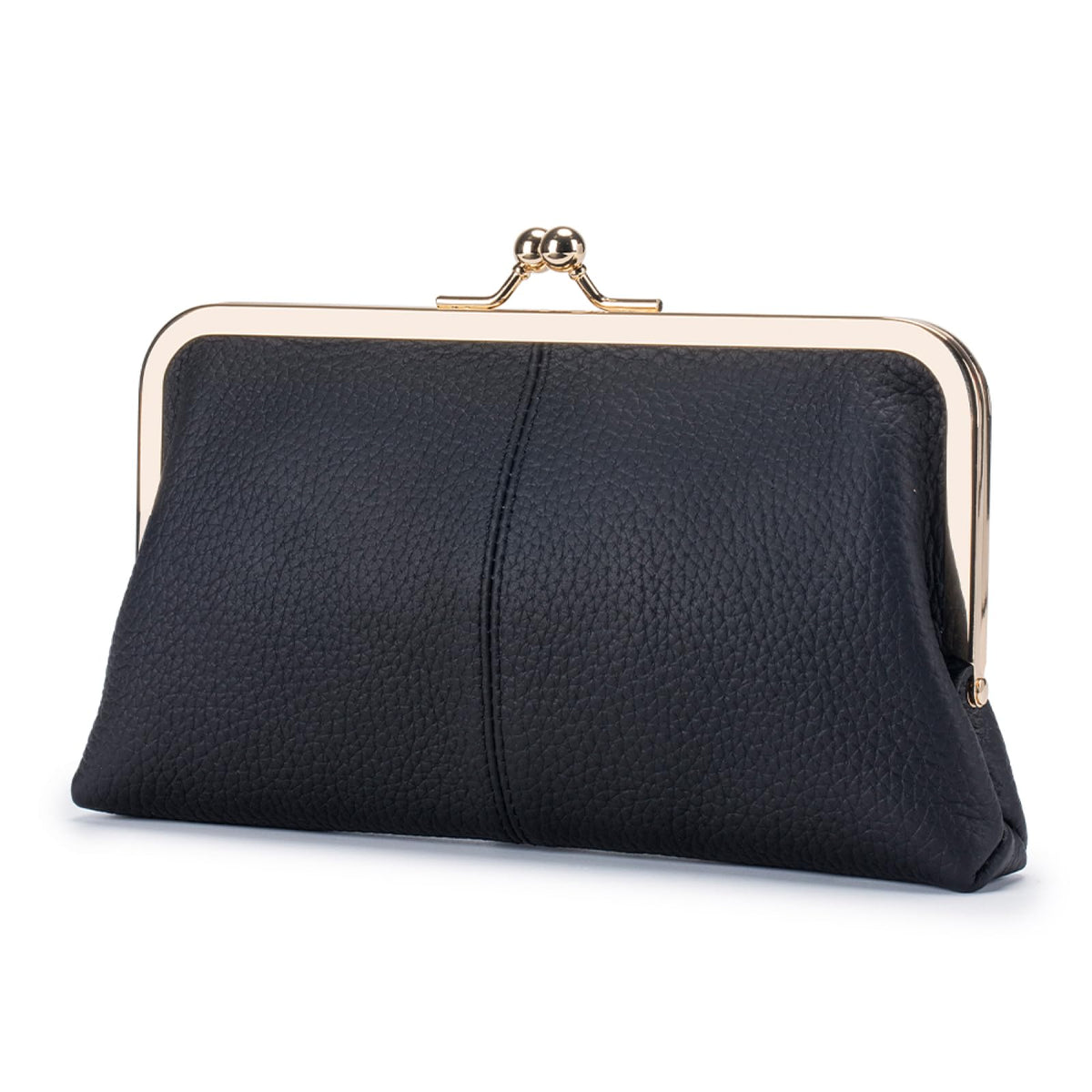 Leather Wallet for Women with Kiss Lock Closure, Multiple Card Slots, Smartphone Holder, 8.07 x 4.72 Inches (Black)