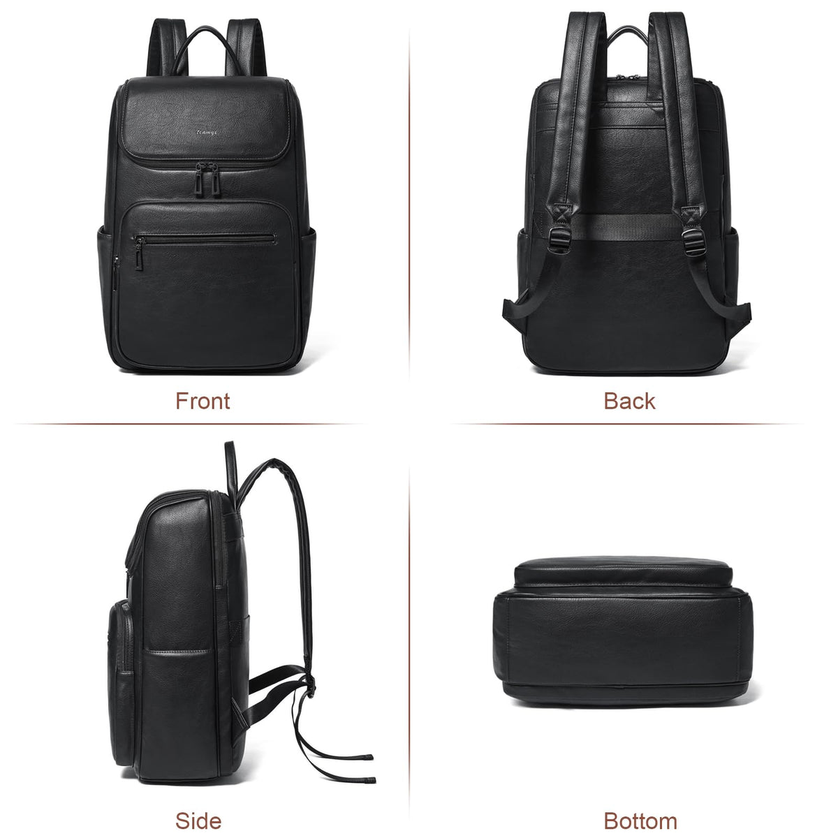 tiamyi leather travel backpack for men and women, flap top laptop backpack fits 17.0 inch computer with luggage strap and separate padded compartment, black