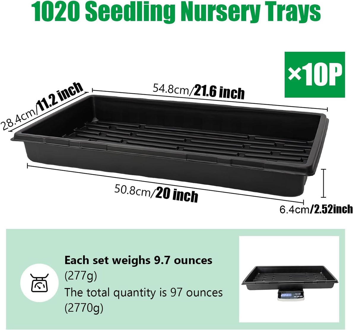 RooTrimmer 10 Pack 1020 Trays, Extra Thick Heavy Duty Seed Starting Trays - No Holes, No Leak, Reusable Propagation Flats for Microgreens, Seedlings, Plant Germination, Fodder and Transplant