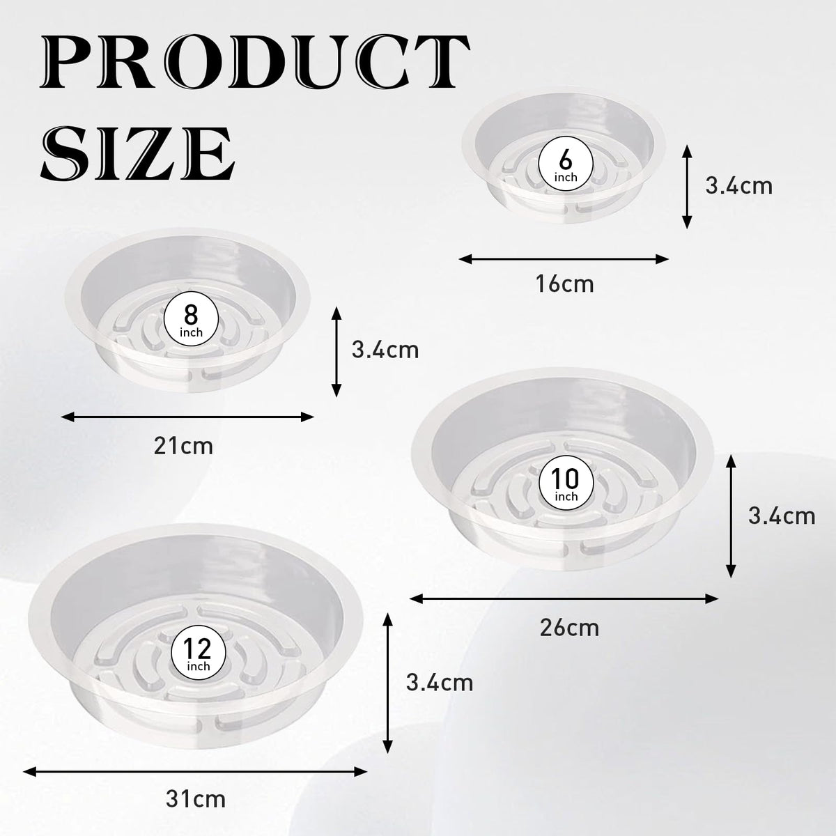 Hyuetrsa 36 PCS Plastic Plant Trays，6/8/10/12 Inch Plant Saucers Clear Plastic,Plastic Plant Saucer Durable Plant Trays for Plant pots Indoors and Outdoors（Round，Clear）