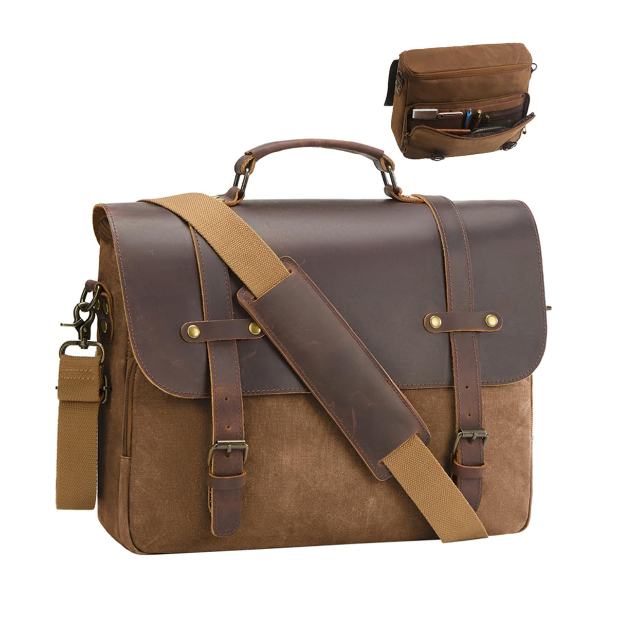 Men's Messenger Bag Waxed Canvas Briefcase 16 Inch Vintage Genuine Leather Computer Laptop Bags Waterproof Satchel Shoulder Bag for Work/Business/Office