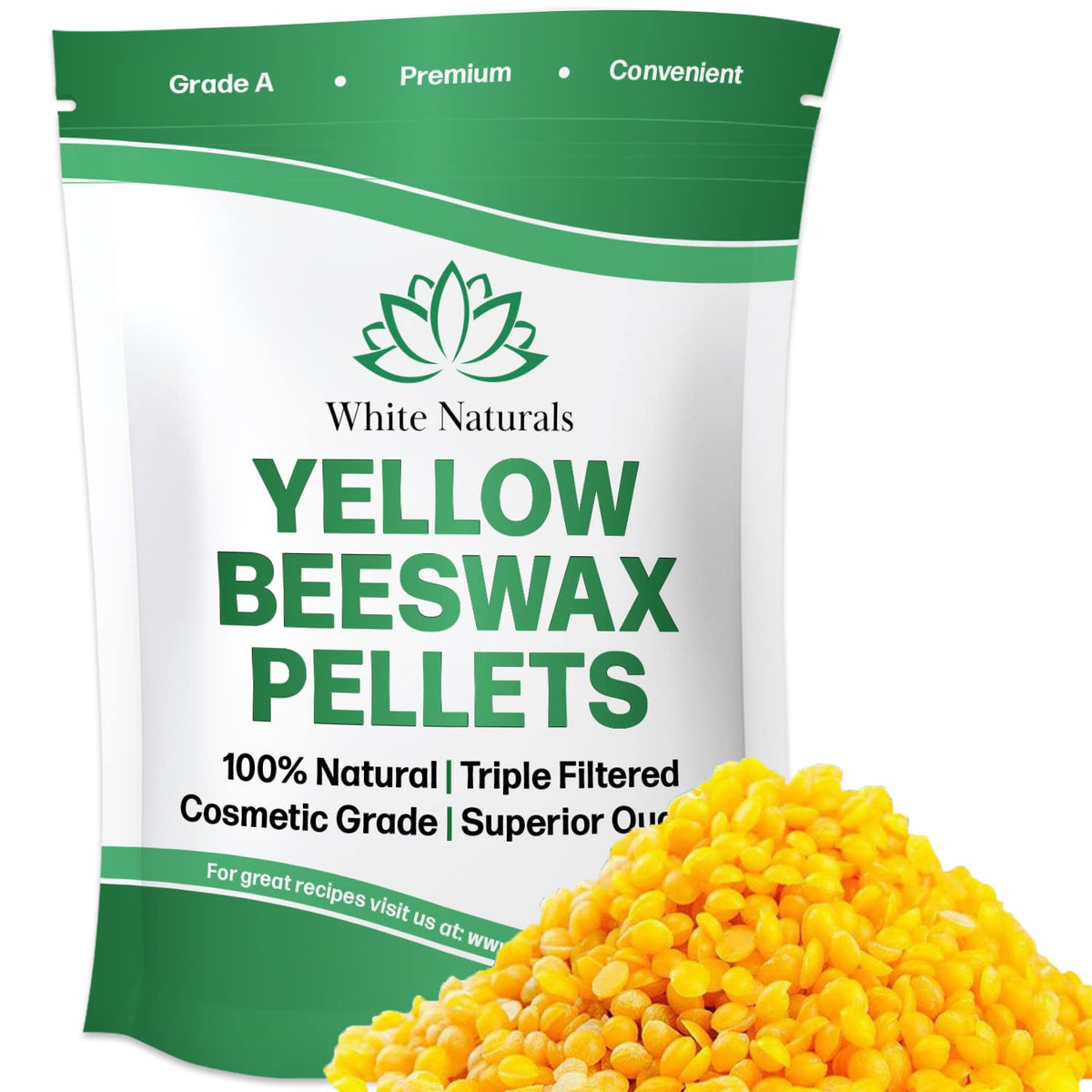 White Naturals Yellow Beeswax Pellets 1lb (16oz), Pure, Natural, Cosmetic Grade, Organic, Bees Wax Pastilles, Triple Filtered, Great For Candle Making, Soap, Food Wrap, DIY Lip Balms, Lotions