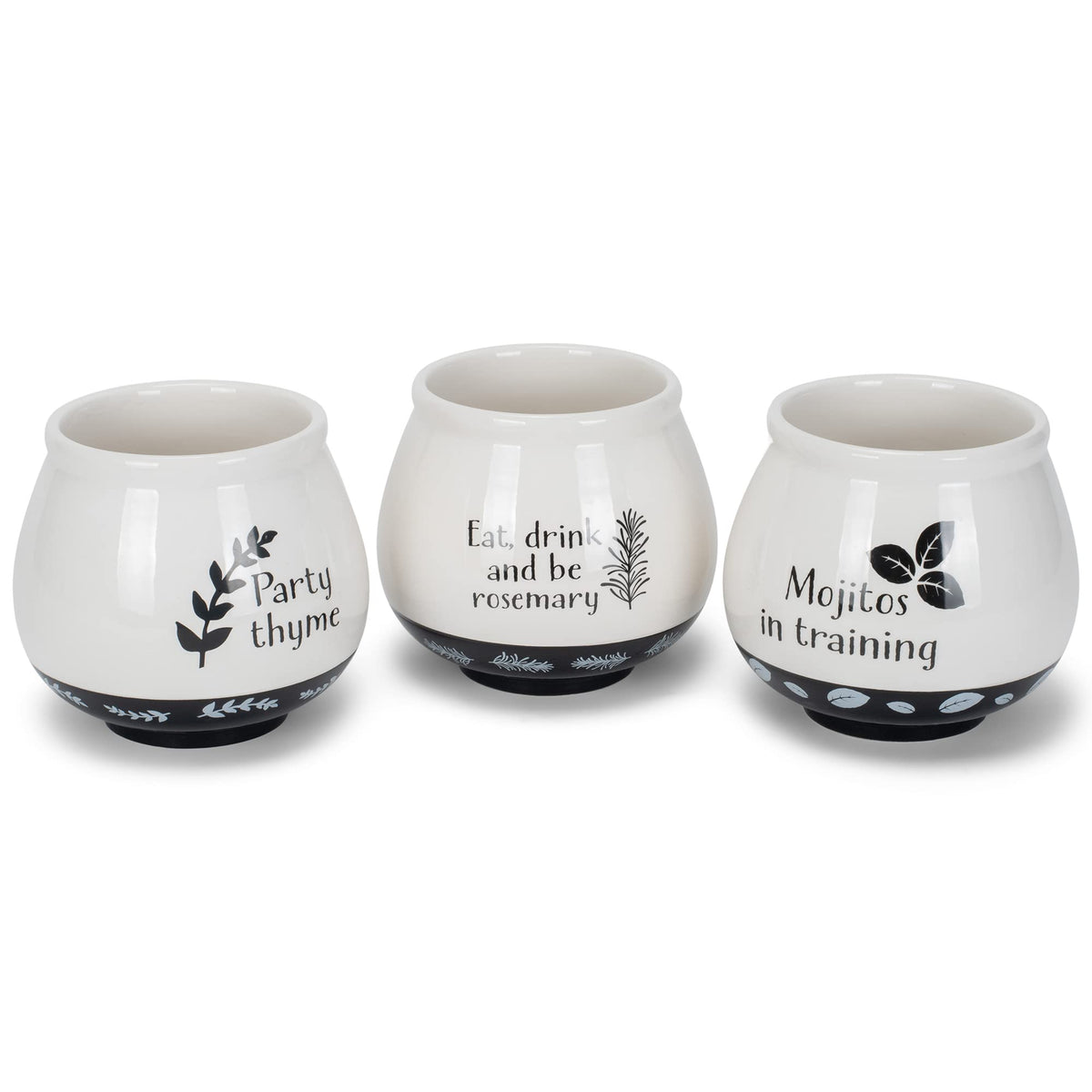 Napco Assorted Witty Herb Cache 3.5 Inch White and Black Ceramic Planters (Set of 3)