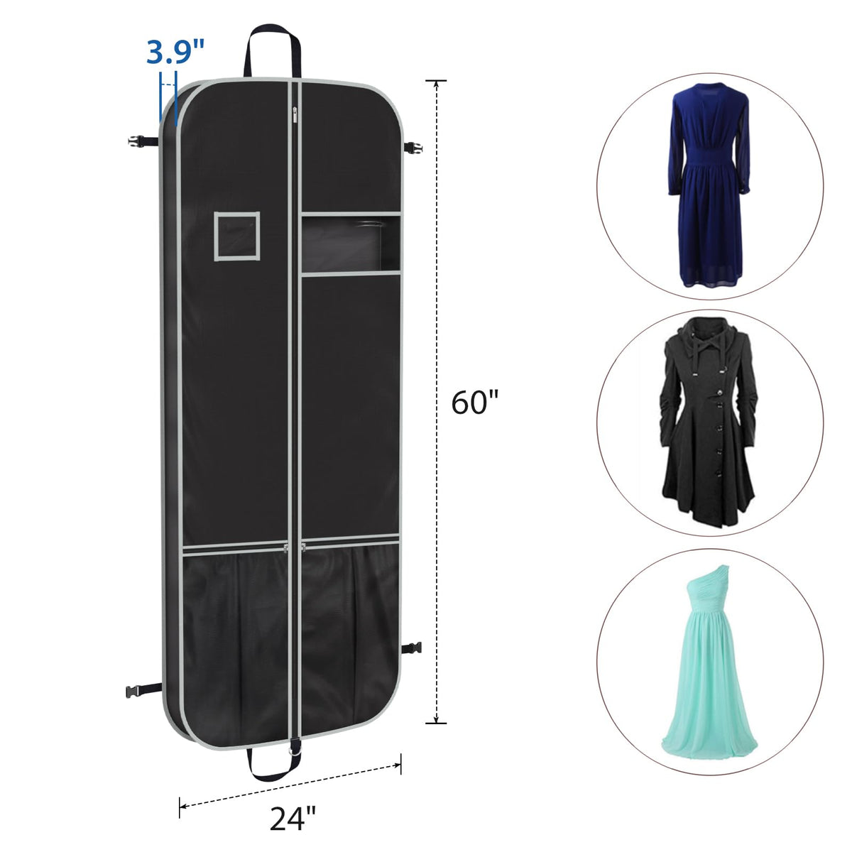 Zilink Upgrade 60" Garment Bag for Long Coat, Leather,Fur, Mink, Gown and Choir Robe with 3.9" Gusset and Stable Buckles Heavy Duty, Hanging, Breathable, Foldable Travel and Wardrobe Clothes Protector