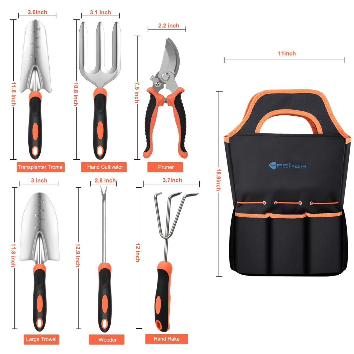 Yesker Gardening Tools 7-Piece Heavy Duty Garden Tool Set Gardening Supplies Gifts for Women Men Gardening Hand Tool Kit with Non-Slip Ergonomic Handle, Garden Bag, Pruning Shears, Black Orange