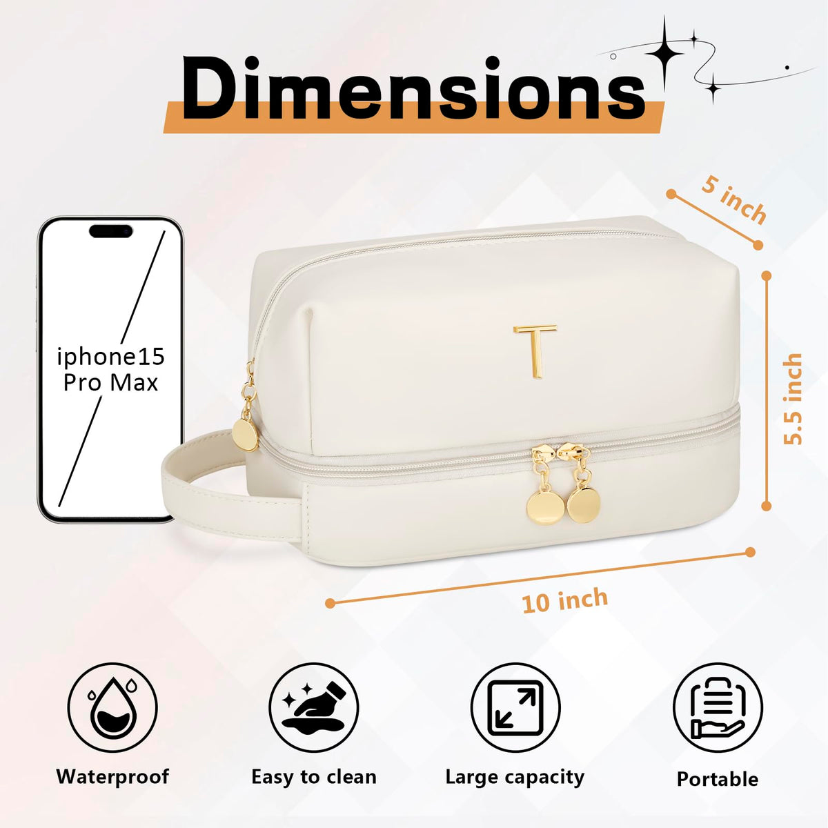 CLOUDWINGS Initial Makeup Bag for Women - Personalized Double Layer Cosmetic Bags with Makeup Brush Organizer, Hanging Travel Toiletry Bag with Large Capacity, Gifts for Mom Girlfriend Wife（Beige,T）
