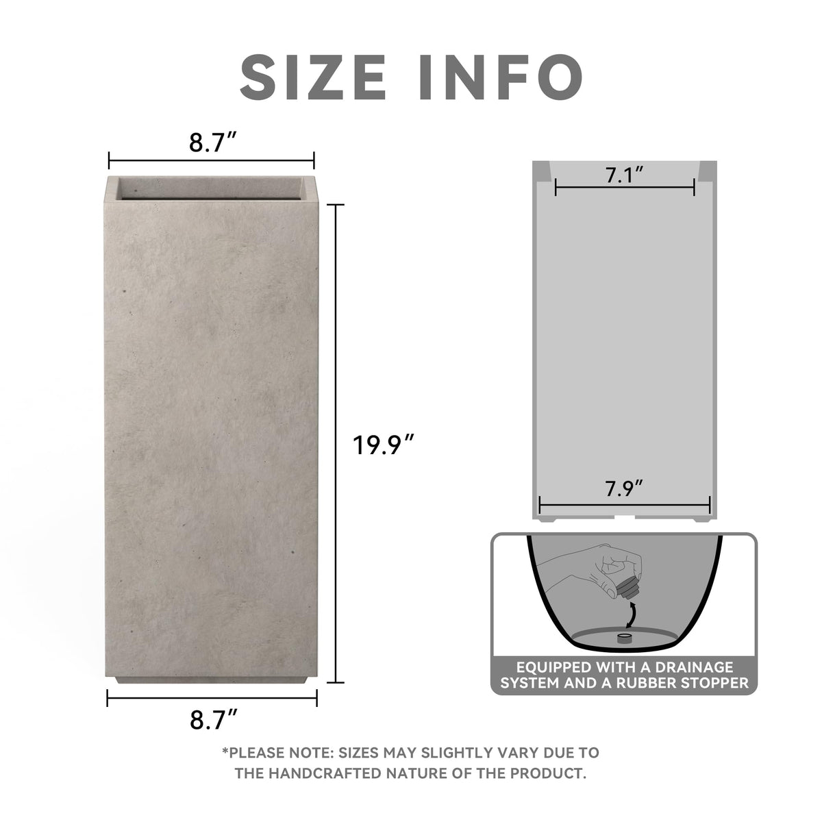Kante 19.9" H Tall Rectangular Concrete Planter, Modern Square Diameter Plant Pot with Drainage Hole and Rubber Plug for Indoor Outdoor Home Patio Garden, Weatheted Concrete