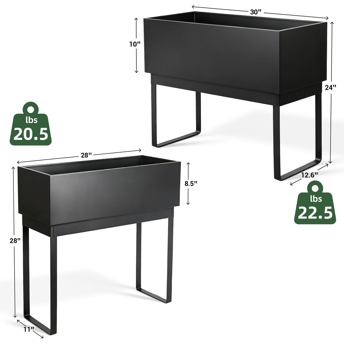 Worth Set of 2 Raised Metal Planter Box with Legs, Large & Small Matte Black Galvanized Steel Elevated Garden Beds with Drainage Hole & Plug for Vegetables, Flowers & Herbs, Indoor & Outdoor Use