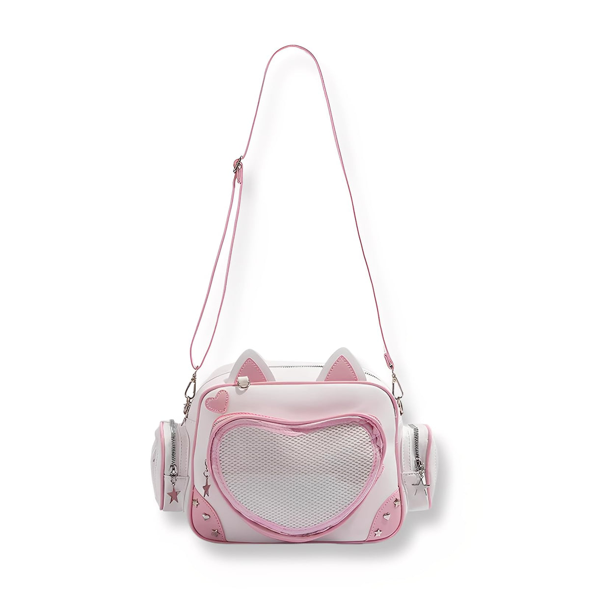 SUSTRALO Pink Cat Ita Bag Backpack with Insert, Kawaii Heart Clear Window Pin Display Backpack, Convertible PU Leather Ita Shoulder Crossbody Bag for Anime Collection