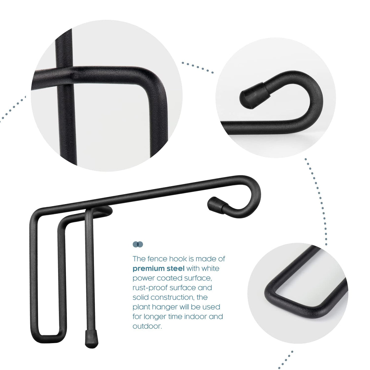 Vinazone Vinyl Fence Hooks for Hanging, Heavy Duty Patio Hangers, Outdoor Fence Hangers for Hanging Flower Baskets, Wind Chimes, Planters, Bird Feeders, Lights, Lanterns - 2 Pack - Black Color