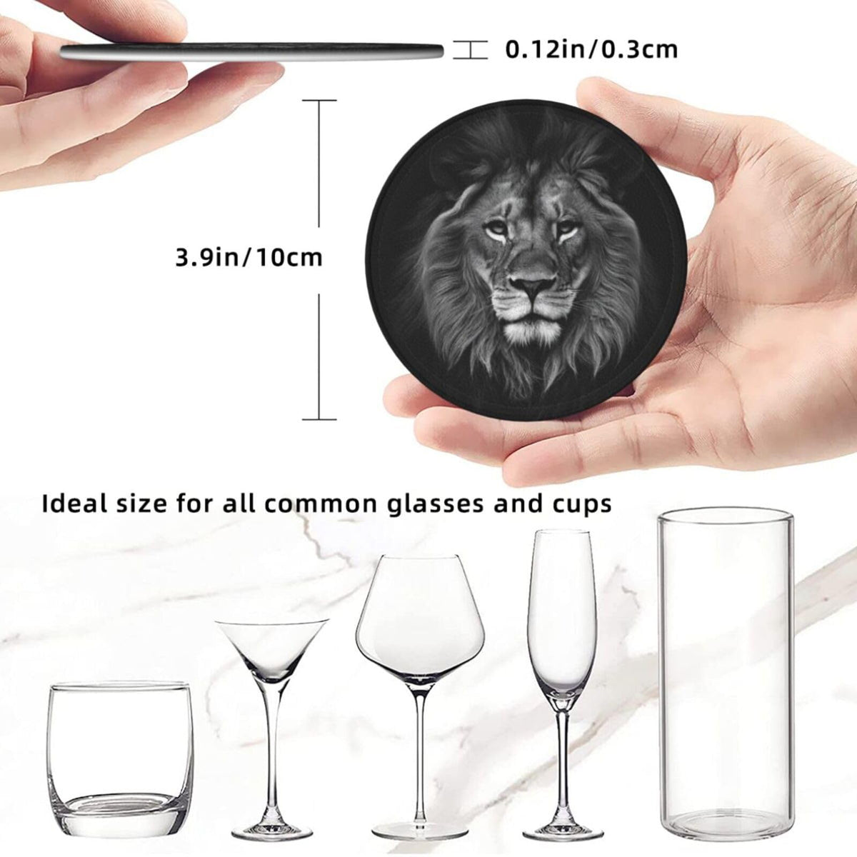 Famame 6 Pcs 3D Black Lion Leather Coasters for Drinks with Holder Coaster Sets Drink Table Cup Coasters for Living Room Kitchen Coffee Decor
