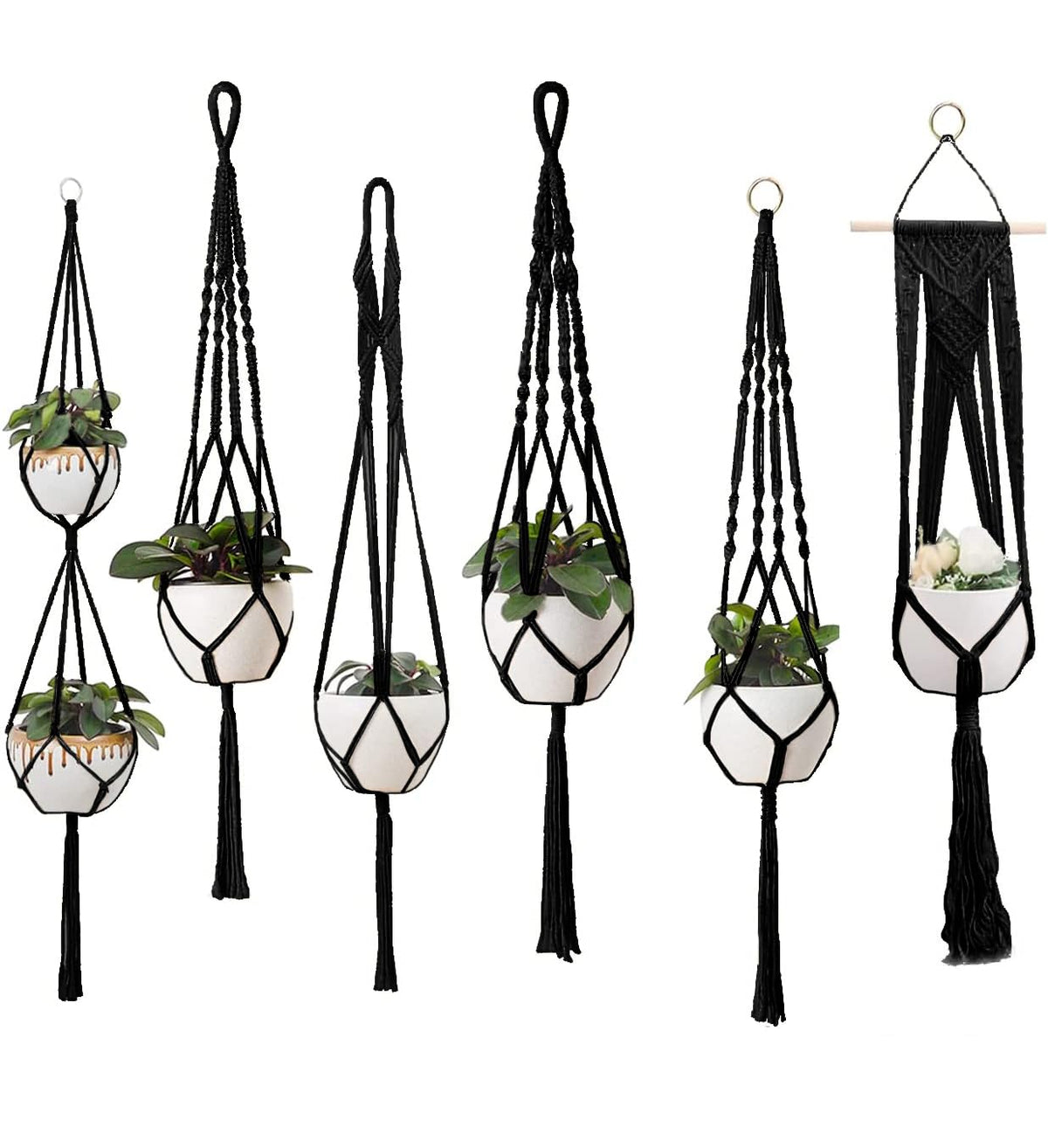 Feedee Macrame Plant Hangers - 6 Pack, Black, Indoor/Outdoor, Cotton