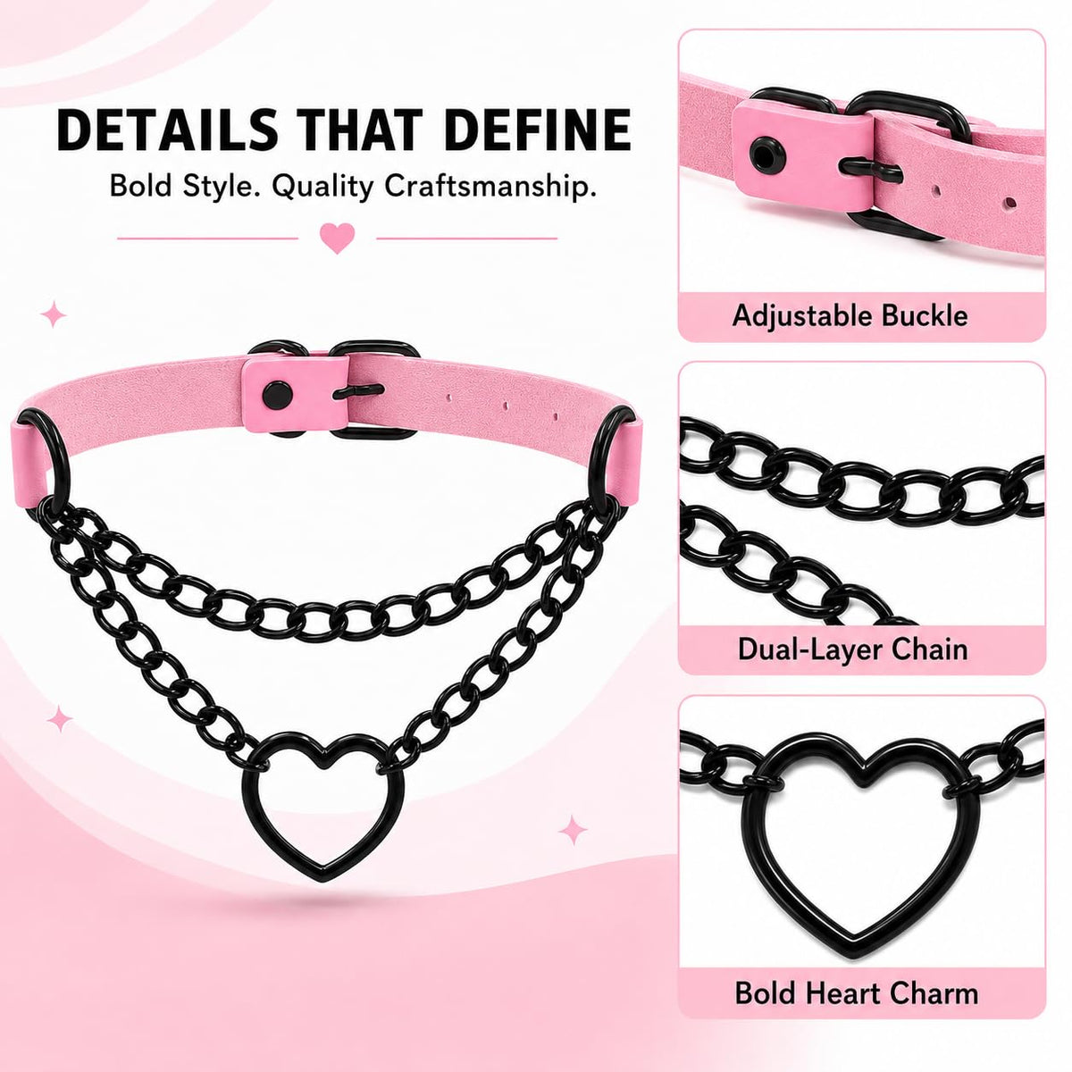 TIVMIK Punk Heart Shape Collar Necklace Leather Gothic Collar with Dangling Heart-Shaped Chain Cute Harajuku Style Women's Necklace Pink