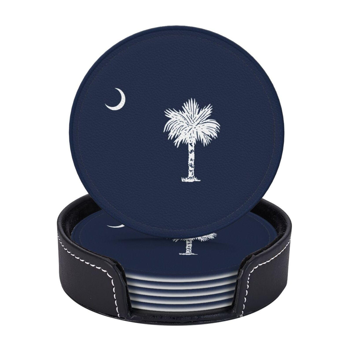 6 Pack South Carolina State Flag Leather Coasters with Holder–Cute Heat Resistant Drink Coasters Set for Coffee Wine Kitchen Office Bar Table Decor,Round