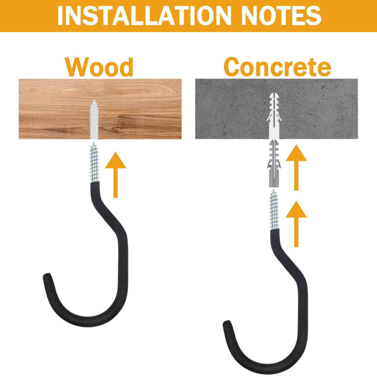 KURUI Heavy Duty Screw in Hooks for Hanging, 12 Pack Bike Hooks for Garage Wall with Screw Anchors, Wall Mount Bicycle Storage for Ceiling, Large Black Plant Hooks for Ceiling